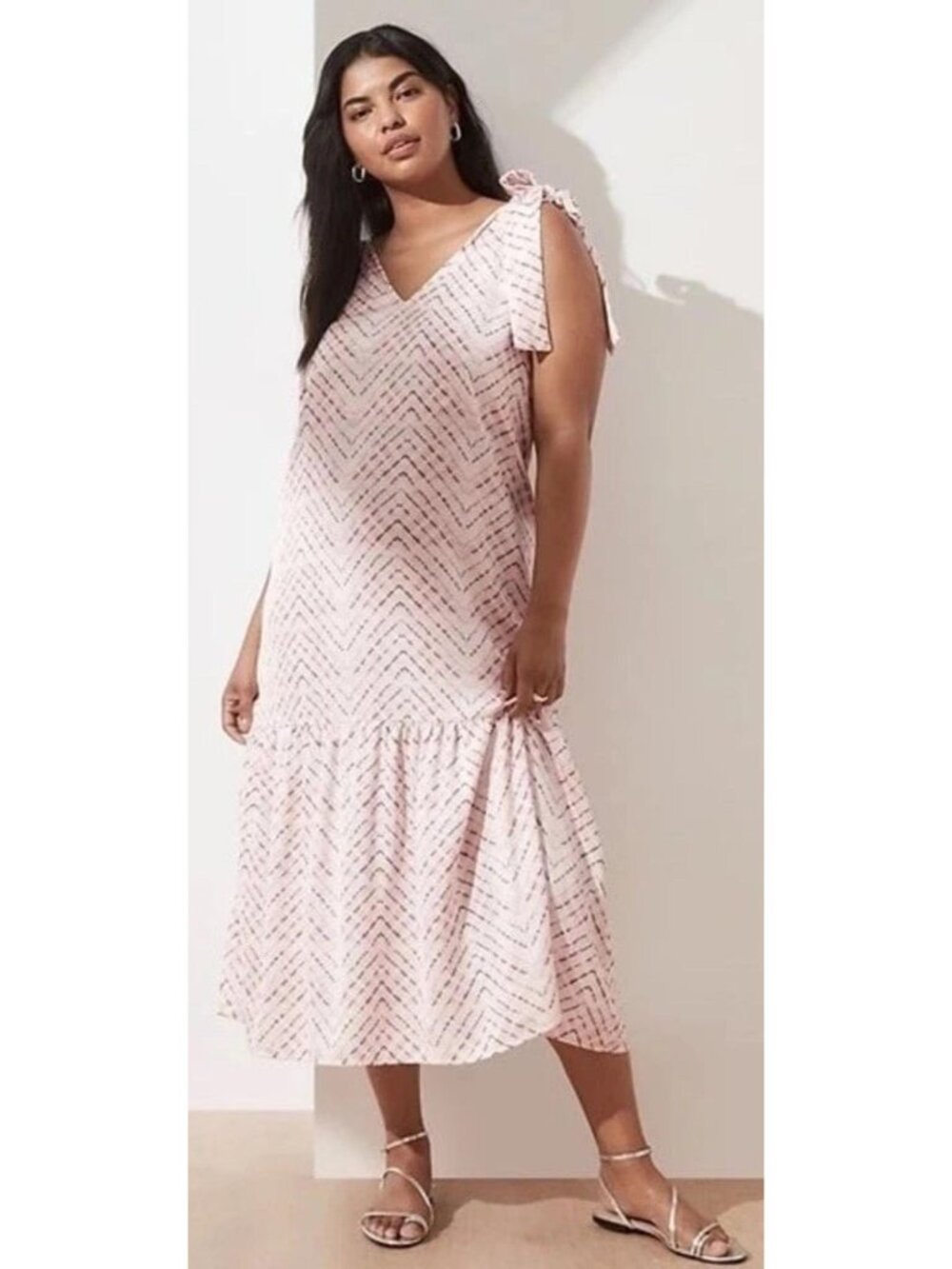 Banana Republic Satin Bow Tie Shoulders Midi Drop Waist Feminine Pink Grey Dress